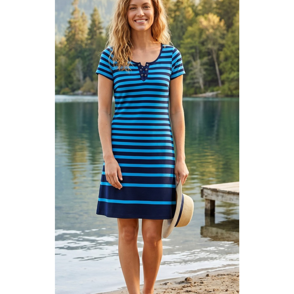 Talbots Dress L Blue Black Striped Cotton Knee Length Short Sleeve Casual Resort